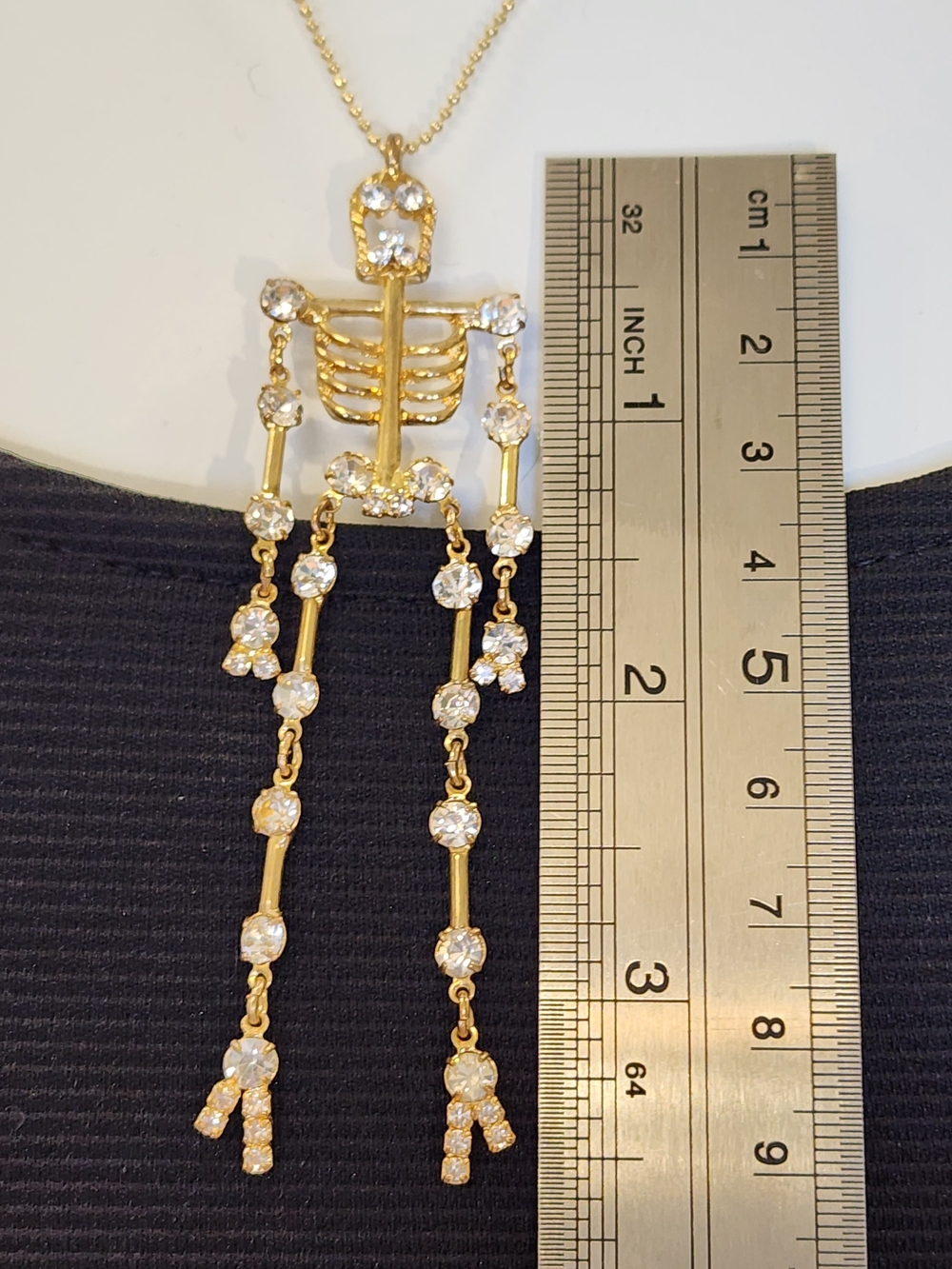 Y2K Gold Tone Rhinestone Articulated Skeleton Necklace Dangling Halloween - Picture 3 of 11